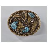 Pawn style belt buckle, gold-tone with turquoise