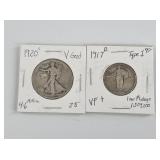 Two US silver coins: 1917 D Standing Liberty quart