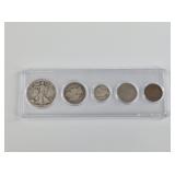 5 Piece US coin set: 1941 50 cent, 1907 quarter, 1