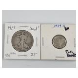 Two silver US coins 1939 S Mercury dime, fullband,