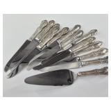 Sterling silver knives and cake server, 13 pieces