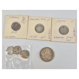 7 Canadian silver coins:  6 dimes early 20th centu