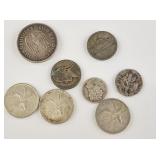 8 Silver coins: 3 silver Canadian quarters,  1936