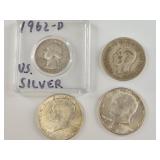 4 Silver coins, 2 are 1964 Kennedy half dollars, a