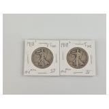Two Walking Liberty silver halves, both 1918 S