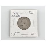 1934 Silver Washington quarter, medium motto varie