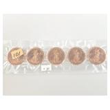 Five 1 troy oz. fine copper rounds unc.