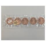 Five One troy oz fine copper rounds, unc.