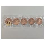 Five One troy oz fine copper rounds, unc.