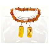 Amber, and sterling silver pair of earrings and an