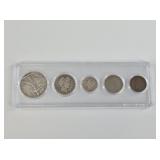 5 Piece US coin set: 1945 50 cent, 1915 D quarter,