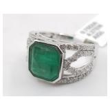 Emerald and diamond ring set in platinum,, size 7,
