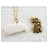 Bone carved pendant on gold tone chain, with addit