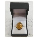 Silver and large Baltic amber ring size 7