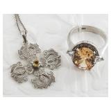 Sterling silver necklace and 2 sterling silver rin