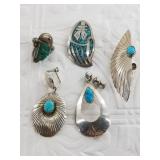 5 Single screw back earrings, 4 have turquoise (al
