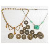 2 Vintage costume necklaces and some foreign curre