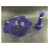3 Pieces of cobalt glass: a scalloped fruit dish,
