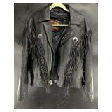 Leather fringed motorcycle jacket, size 46