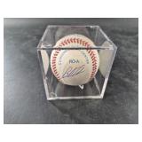 Blaze Jordan signed baseball in a display case