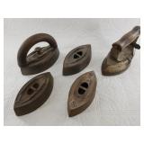 6 Antique clothes irons, 2 with correct handles