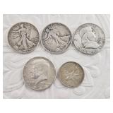 Five silver coins: three 90% US half dollars, 1 40
