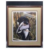 Adorable print of a bird dog with his catch, signe