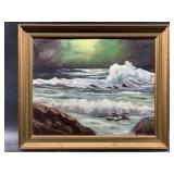 Unsigned pastel on artist board of crashing waves,