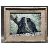 Original oil, signed, featuring 2 ravens, frame is