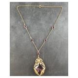 Antique Czech brass necklace with faceted, purple