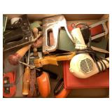 Box of assorted hand tools, staplers, etc.