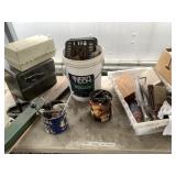 Table lot full of sockets, clamps, box of shop tow