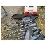 Lot with a 3 seat camping chair, and a single camp