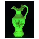 Fenton Burmese uranium glass small vase, hand pain