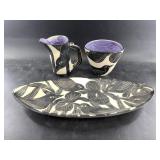 3 Matched pieces of hand made Raven themed pottery