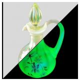 Fenton uranium glass cruet, hand painted and signe