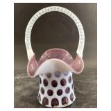 Fenton glass hat basket with a purple coin dot pat