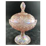 Fenton pink iridescent glass candy dish, with rais
