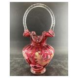 Hand painted glass Fenton basket, signed by the ar