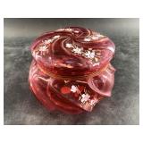 Vintage Fenton cranberry Wavecrest husk box, hand