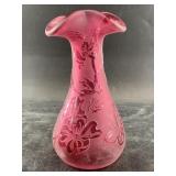 Cameo glass Fenton vase, signed by artist,   7" ta