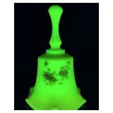 Fenton Burmese uranium glass bell, hand painted an