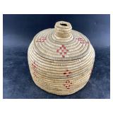 Hooper Bay lidded grass basket with dyed seal gut