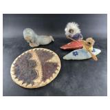 Lot of 4: soapstone walrus, 2 hand made Native Ala