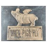 Cast iron 'When Pigs Fly' wall hanger 7.5'