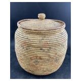 Hooper Bay lidded grass basket with dyed grass inc