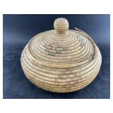 Hooper Bay lidded coiled fine weave grass basket,