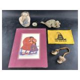 Mixed lot with: a moose hide doll, a piece of sea