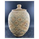 Hooper Bay lidded grass basket, traditionally wove