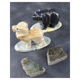 2 Small stone statues and 3 pieces of labradorite